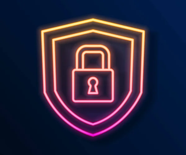 Leuchtende Neon Line Shield Sicherheit mit Schloss-Symbol isoliert auf schwarzem Hintergrund. Schutz, Sicherheit, Passwortsicherheit. Firewall Zugriff auf Privatsphäre Zeichen. Vektor — Stockvektor