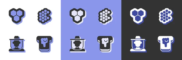 Set Pan con miel, panal de abeja, apicultor proteger sombrero e icono. Vector — Archivo Imágenes Vectoriales