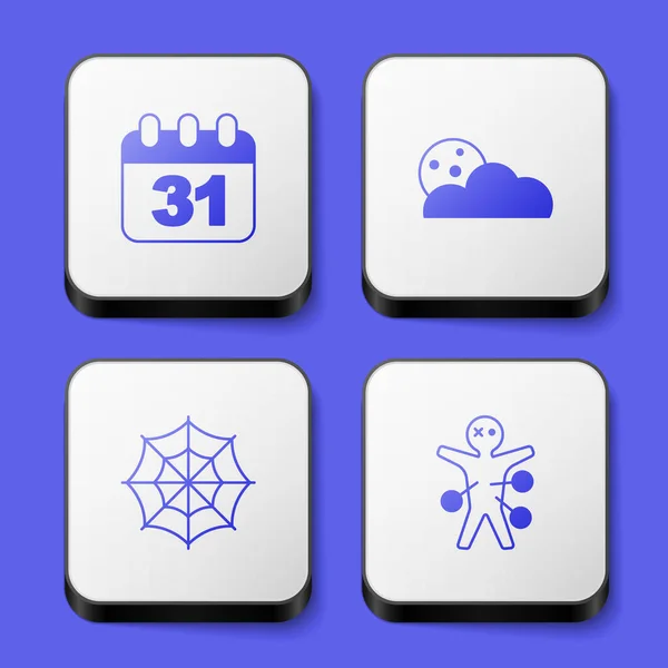 Set Halloween date 31 october, Moon and stars, Spider web and Voodoo doll icon. White square button. Vector — Vetor de Stock