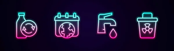 Set line Recycling plastic bottle, World Earth day, Water tap and Infectious waste. Glowing neon icon. Vector — Stockvektor