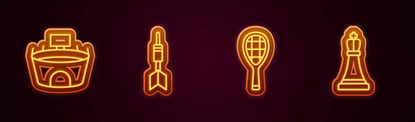 Set hattı stadyumu, Dart oku, tenis raketi ve satranç. Parlayan neon ikonu. Vektör — Stok Vektör