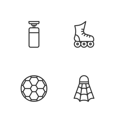 Badminton servis aracı, futbol topu, kum torbası ve paten ikonu. Vektör