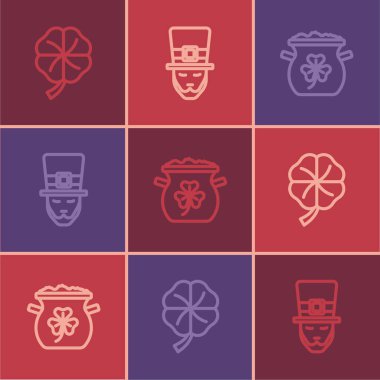 Dört yapraklı yonca, altın paralar ve leprikon simgesi. Vektör