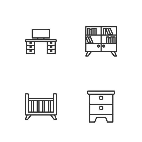 Ställ in linje Möbler nattduksbord, Baby vagga säng, Kontorsbord och bibliotek bokhylla ikon. Vektor — Stock vektor