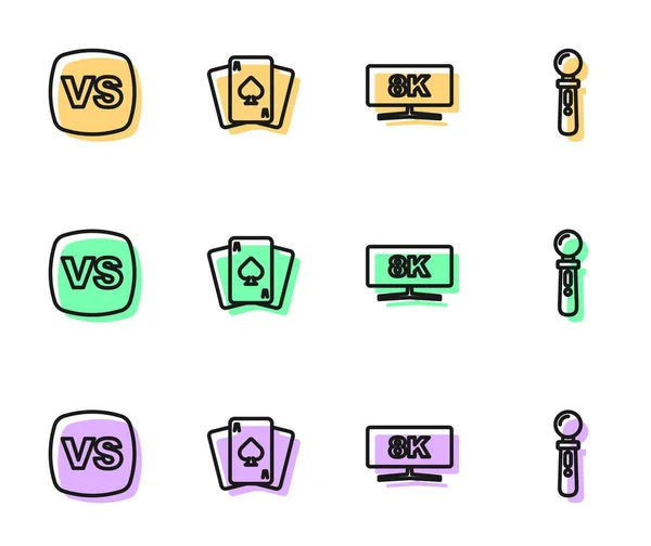 Establecer línea Monitor de ordenador, VS Versus batalla, Jugar a las cartas y VR controlador icono del juego. Vector — Vector de stock