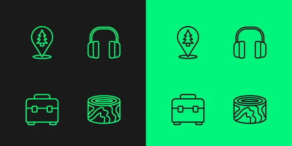 Set line Dřevěné klády, Toolbox, Umístění lesa a sluchátka ikony. Vektor — Stockový vektor
