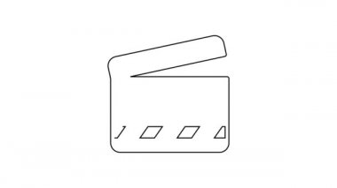 Siyah çizgi film alkışlayıcı simgesi beyaz arkaplanda izole edildi. Film alkışlama tahtası. Alkış tahtası işareti. Sinema yapımı ya da medya endüstrisi. 4K Video hareketli grafik canlandırması