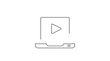 Siyah çizgi çevrimiçi video simgesi beyaz arkaplanda izole edildi. Dizüstü bilgisayar ve oyun işaretli film şeridi. 4K Video hareketli grafik canlandırması