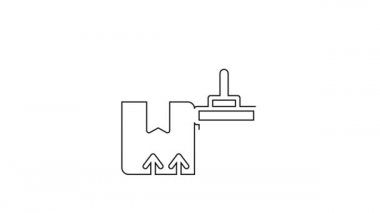 Beyaz arka planda izole edilmiş siyah çizgi ambar içi raflardaki kutular. Lojistik, kargo, paket depolama posta servisi. 4K Video hareketli grafik canlandırması