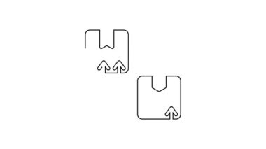 Beyaz zemin üzerinde trafik sembolü simgesi olan siyah çizgi karton kutu. Kutu, paket, paket işareti. Teslimat, ulaşım ve nakliye. 4K Video hareketli grafik canlandırması