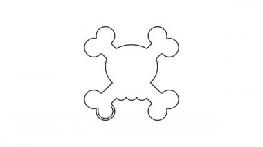 Çapraz kemik simgesindeki siyah çizgi Skull beyaz arka planda izole edildi. Mutlu Cadılar Bayramı Partisi. 4K Video hareketli grafik canlandırması