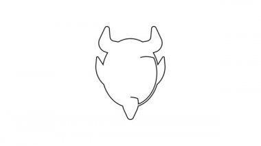 Siyah çizgi Şeytan baş simgesi beyaz arkaplanda izole edildi. Mutlu Cadılar Bayramı Partisi. 4K Video hareketli grafik canlandırması