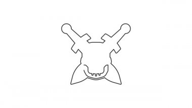 Siyah çizgi ortaçağ kılıcını beyaz arka planda izole edilmiş kafatası ikonu ile çaprazladı. Ortaçağ silahı. 4K Video hareketli grafik canlandırması