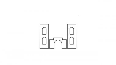 Beyaz arka planda siyah çizgi Castle simgesi izole edildi. Kulesi olan bir ortaçağ kalesi. Düşmanlardan koruma. Şehrin güvenilirliği ve savunması. 4K Video hareketli grafik canlandırması