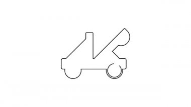 Siyah çizgi Eski ortaçağ ahşap mancınık atış taşları simgesi beyaz arka planda izole. 4K Video hareketli grafik canlandırması