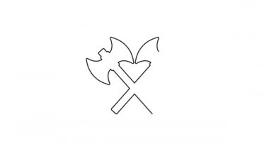 Siyah çizgi, beyaz arka planda izole edilmiş ortaçağ balta simgesini geçti. Savaş baltası, cellat baltası. Ortaçağ silahı. 4K Video hareketli grafik canlandırması