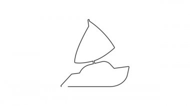 Siyah çizgili yat ya da yelkenli gemi ikonu beyaz arka planda izole edilmiş. Yelkenli deniz seyahati. 4K Video hareketli grafik canlandırması