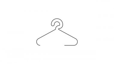 Siyah çizgi elbise askısı ikonu beyaz arka planda izole edildi. Vestiyer ikonu. Kıyafet servis sembolü. Çamaşır askı tabelası. 4K Video hareketli grafik canlandırması