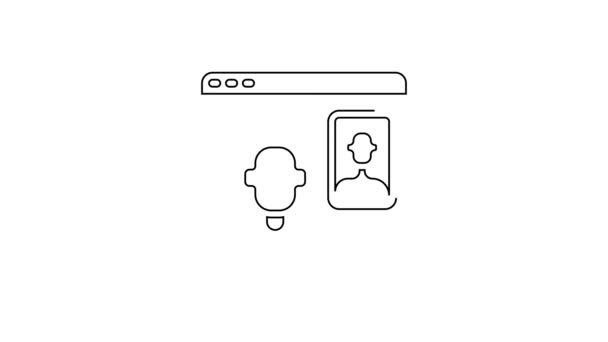 Czarna linia Wideo czat konferencyjny ikona izolowana na białym tle. Praca online spotkanie w domu. Zdalne zarządzanie projektami. 4K Animacja graficzna ruchu wideo — Wideo stockowe