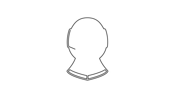 Casco de hierro medieval de línea negra para la cabeza icono de protección aislado sobre fondo blanco. Casco de caballero. Animación gráfica de vídeo 4K — Vídeo de stock