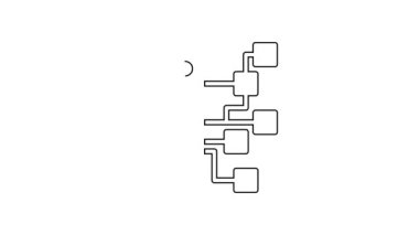 Siyah çizgi İnsansı robot simgesi beyaz arkaplanda izole edildi. Yapay zeka, makine öğrenme, bulut hesaplama. 4K Video hareketli grafik canlandırması