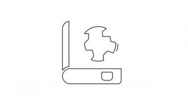 Siyah çizgi Dünya küresi ve kitap ikonu beyaz arka planda izole edilmiş. Dünya ya da Dünya işareti. Küresel internet sembolü. Geometrik şekiller. 4K Video hareketli grafik canlandırması