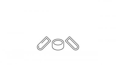 Siyah çizgi buz hokeyi sopaları ve beyaz arka planda izole edilmiş disk ikonu. Oyun başlasın. 4K Video hareketli grafik canlandırması