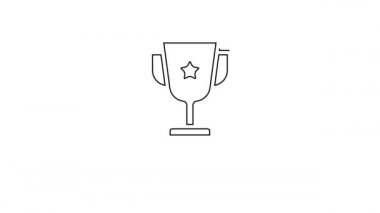 Siyah çizgi ödüllü kupa simgesi beyaz arkaplanda izole edilmiş. Galibiyet ödülü sembolü. Şampiyonluk ya da yarışma kupası. Spor başarısı işareti. 4K Video hareketli grafik canlandırması