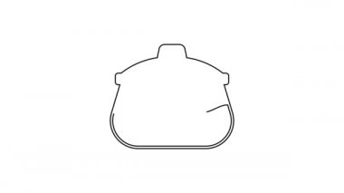 Beyaz arkaplanda siyah çizgili tencere ikonu izole edilmiş. Haşlama ya da güveç besin sembolü. 4K Video hareketli grafik canlandırması