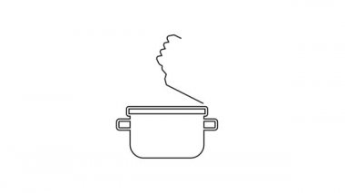 Siyah çizgili tencere ve baharat ikonu beyaz arka planda izole edilmiş. Haşlama ya da güveç besin sembolü. 4K Video hareketli grafik canlandırması