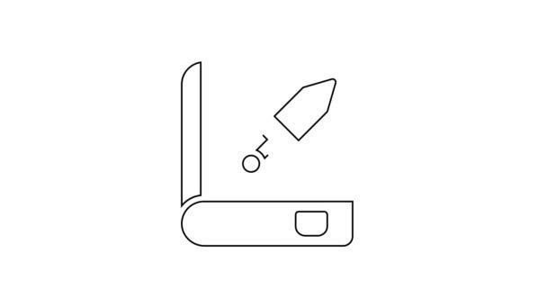 Línea negra Libro sobre el icono del arma aislado sobre fondo blanco. Arma pequeña. Catálogo de armas. Animación gráfica de vídeo 4K — Vídeos de Stock