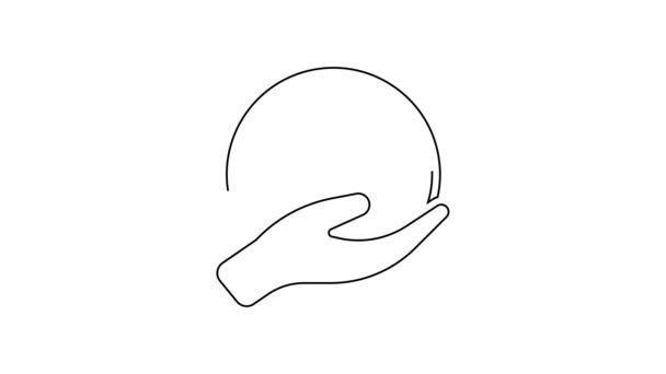 Zwarte lijn Menselijke hand houdt aarde bol pictogram geïsoleerd op witte achtergrond. Red het aardse concept. 4K Video motion grafische animatie — Stockvideo