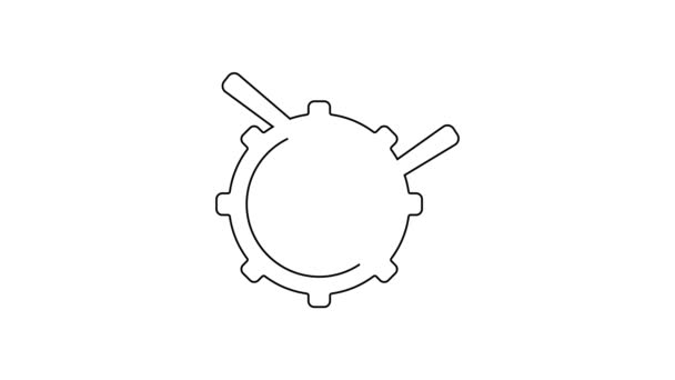Tamburo linea nera con bacchette icona isolata su sfondo bianco. Segno musicale. Simbolo strumento musicale. Animazione grafica 4K Video motion — Video Stock