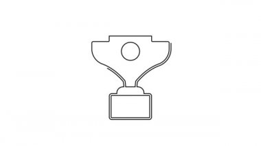 Siyah çizgi ödüllü kupa simgesi beyaz arkaplanda izole edilmiş. Galibiyet ödülü sembolü. Şampiyonluk ya da yarışma kupası. Spor başarısı işareti. 4K Video hareketli grafik canlandırması