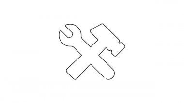 Siyah çizgi çekiç ve ingiliz anahtarı simgesi beyaz arka planda izole edilmiş. Donanım aletleri. 4K Video hareketli grafik canlandırması