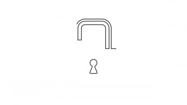 Siyah çizgi Açık asma kilit simgesi beyaz arkaplanda izole edildi. Kilit açık işareti. Siber güvenlik kavramı. Dijital veri koruması. 4K Video hareketli grafik canlandırması