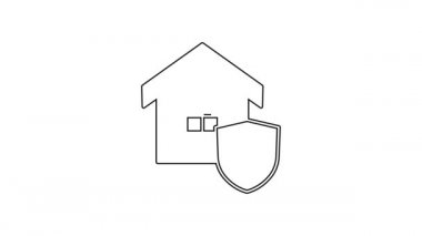 Beyaz arka planda siyah çizgi ev ve kalkan simgesi var. Sigorta konsepti. Güvenlik, güvenlik, koruma, konsept koruma. 4K Video hareketli grafik canlandırması