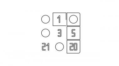 Beyaz zemin üzerinde uğurlu sayı simgesi olan siyah çizgi Bingo kartı. 4K Video hareketli grafik canlandırması