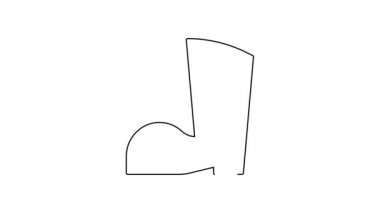 Siyah çizgi, su geçirmez lastik bot simgesi beyaz arkaplanda izole edilmiş. Yağmurlu hava, balıkçılık, bahçe işleri için çizme. 4K Video hareketli grafik canlandırması