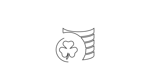 Ligne noire Lutin d'or pièce avec trèfle feuille icône isolée sur fond blanc. Joyeuse Saint Patricks. Fête nationale irlandaise. Animation graphique de mouvement vidéo 4K — Video