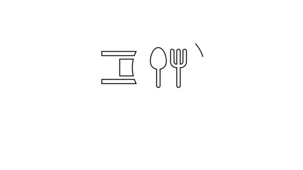 Черная линия Кафе и ресторан иконка изолирована на белом фоне. Вывеска с вилкой и ложкой внутри указателя. Видеографическая анимация 4K. — стоковое видео