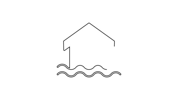 Zwarte lijn Huis vloed pictogram geïsoleerd op witte achtergrond. Huisoverstroming onder water. Verzekeringsconcept. Beveiliging, veiligheid, bescherming, bescherming concept. 4K Video motion grafische animatie — Stockvideo