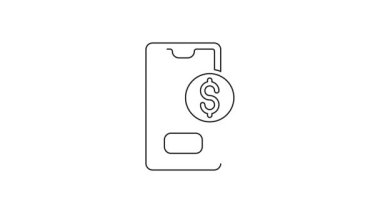 Beyaz arkaplanda dolar sembolü olan siyah çizgi akıllı telefon. İnternetten alışveriş konsepti. Finansal cep telefonu simgesi. Çevrimiçi ödeme. 4K Video hareketli grafik canlandırması
