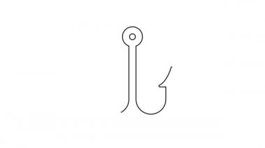 Siyah çizgili olta kancası simgesi beyaz arkaplanda izole edildi. Balık oltası. 4K Video hareketli grafik canlandırması