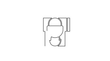 Siyah çizgi kamp ateşi ve çömlek ikonu beyaz arka planda izole edilmiş. Ateş kampı, yakacak odun ve alevlerin üzerinde kazanda pişiyor. 4K Video hareketli grafik canlandırması