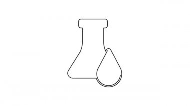 Beyaz arka planda siyah çizgi petrol test tüpü ikonu izole edildi. Komiklik şişesi ve düşen damla. 4K Video hareketli grafik canlandırması