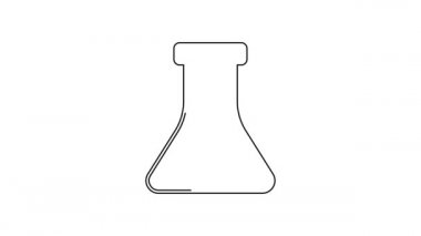 Beyaz arka planda siyah çizgi petrol test tüpü ikonu izole edildi. Komiklik şişesi ve düşen damla. 4K Video hareketli grafik canlandırması