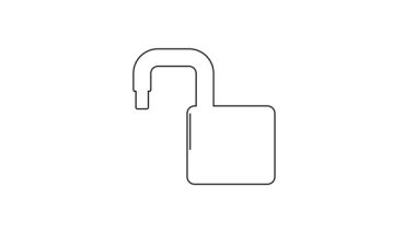 Siyah çizgi Açık asma kilit simgesi beyaz arkaplanda izole edildi. Kilit açık işareti. Siber güvenlik kavramı. Dijital veri koruması. 4K Video hareketli grafik canlandırması