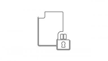 Siyah çizgi Belgesi ve kilit simgesi beyaz arkaplanda izole edildi. Dosya biçimi ve asma kilit. Güvenlik, güvenlik, koruma kavramı. 4K Video hareketli grafik canlandırması