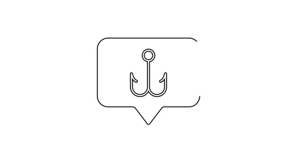 Línea negra Icono de anzuelo de pesca aislado sobre fondo blanco. Aparejos de pesca. Animación gráfica de vídeo 4K — Vídeos de Stock